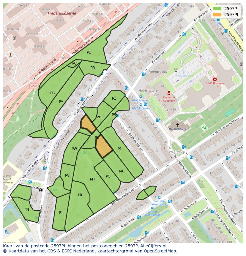 Afbeelding van het postcodegebied 2597 PL op de kaart.