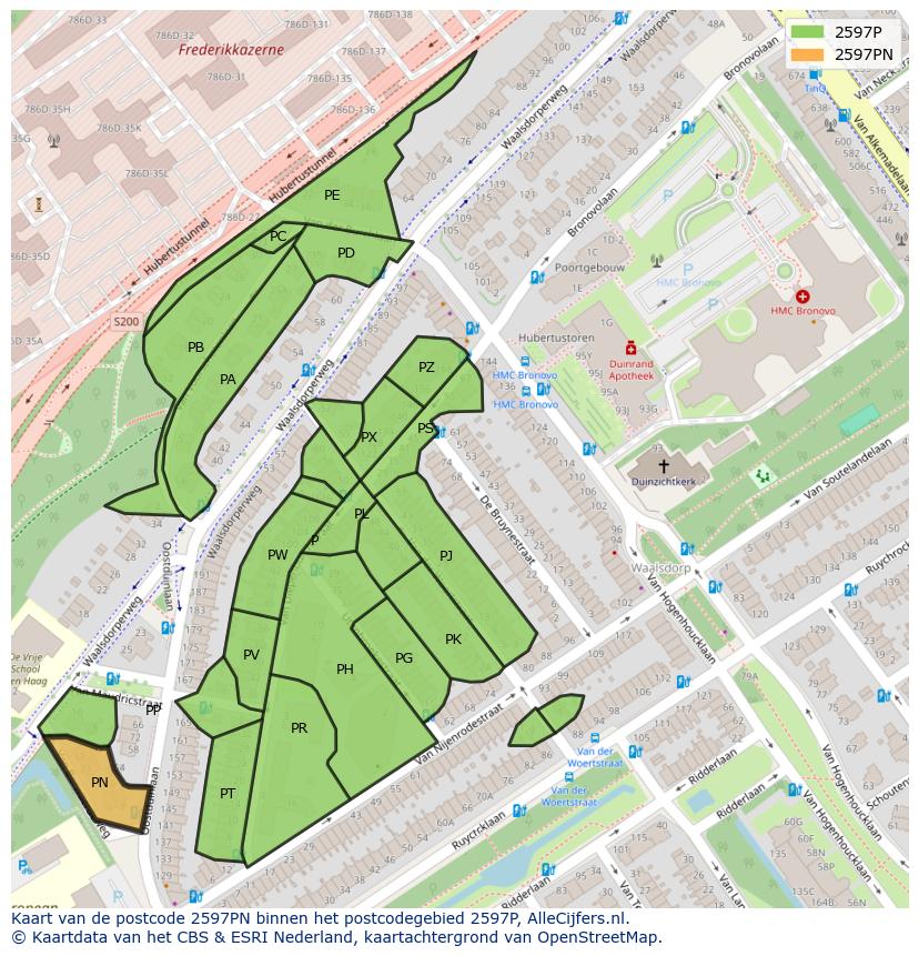Afbeelding van het postcodegebied 2597 PN op de kaart.