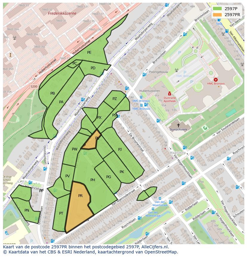 Afbeelding van het postcodegebied 2597 PR op de kaart.