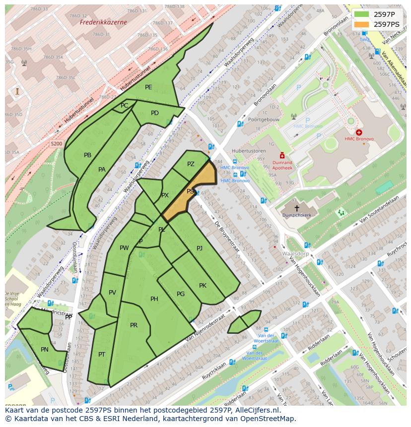 Afbeelding van het postcodegebied 2597 PS op de kaart.