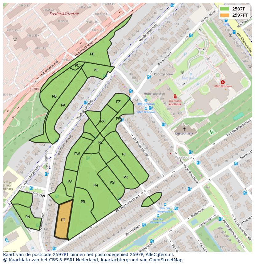 Afbeelding van het postcodegebied 2597 PT op de kaart.