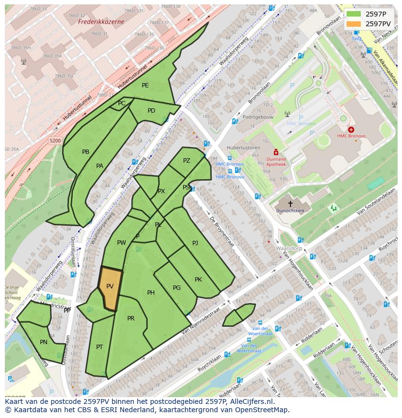 Afbeelding van het postcodegebied 2597 PV op de kaart.