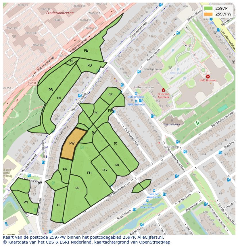 Afbeelding van het postcodegebied 2597 PW op de kaart.