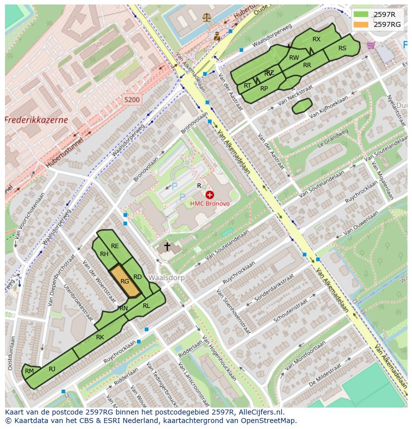 Afbeelding van het postcodegebied 2597 RG op de kaart.