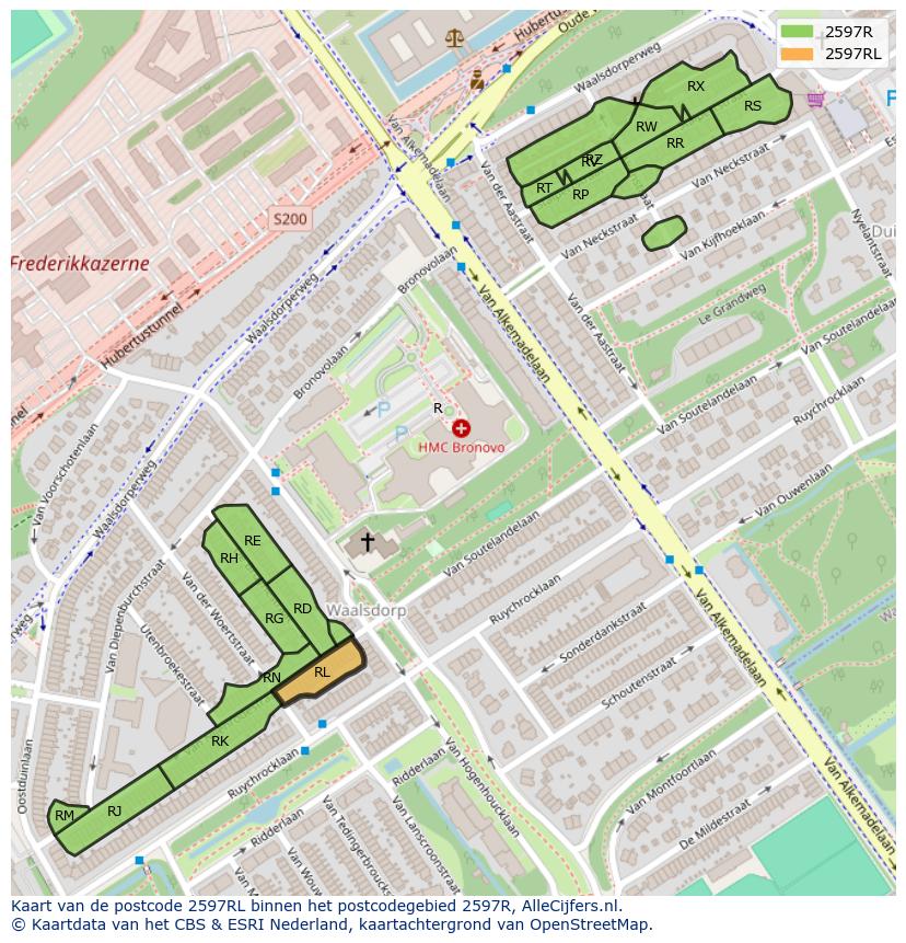 Afbeelding van het postcodegebied 2597 RL op de kaart.