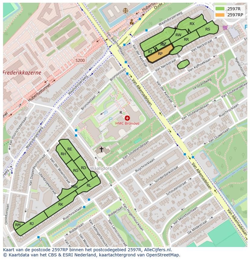 Afbeelding van het postcodegebied 2597 RP op de kaart.