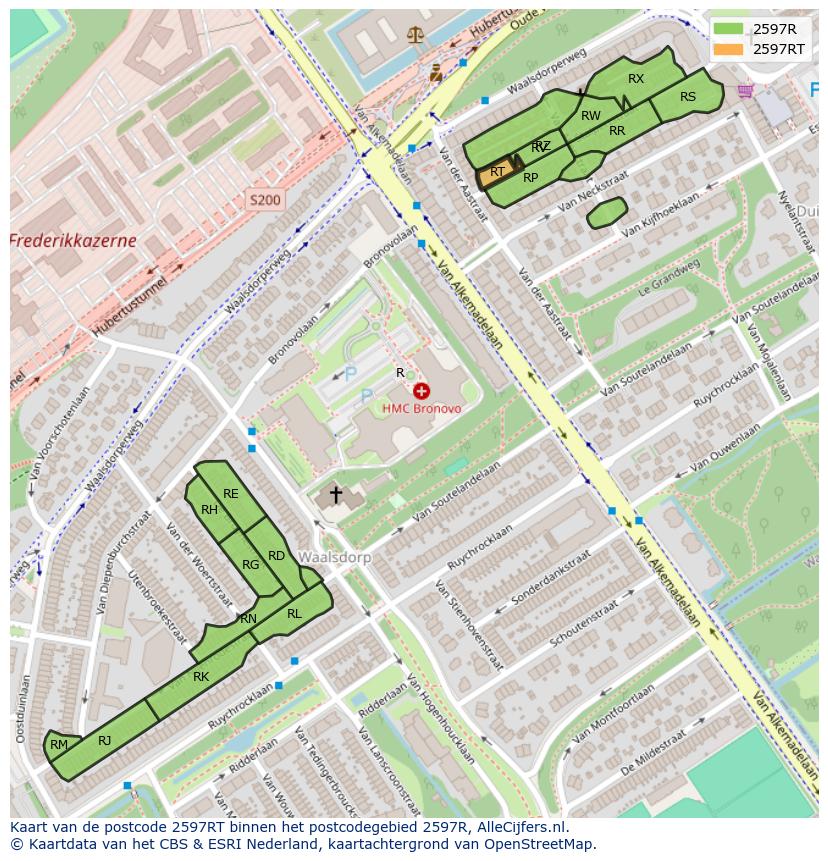 Afbeelding van het postcodegebied 2597 RT op de kaart.