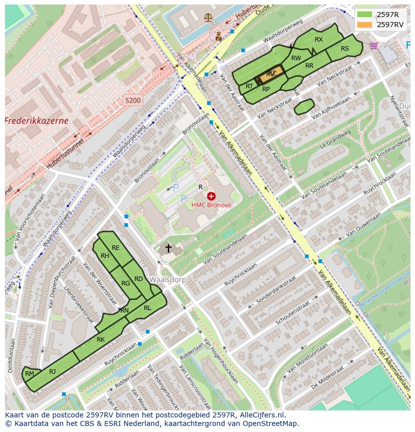 Afbeelding van het postcodegebied 2597 RV op de kaart.