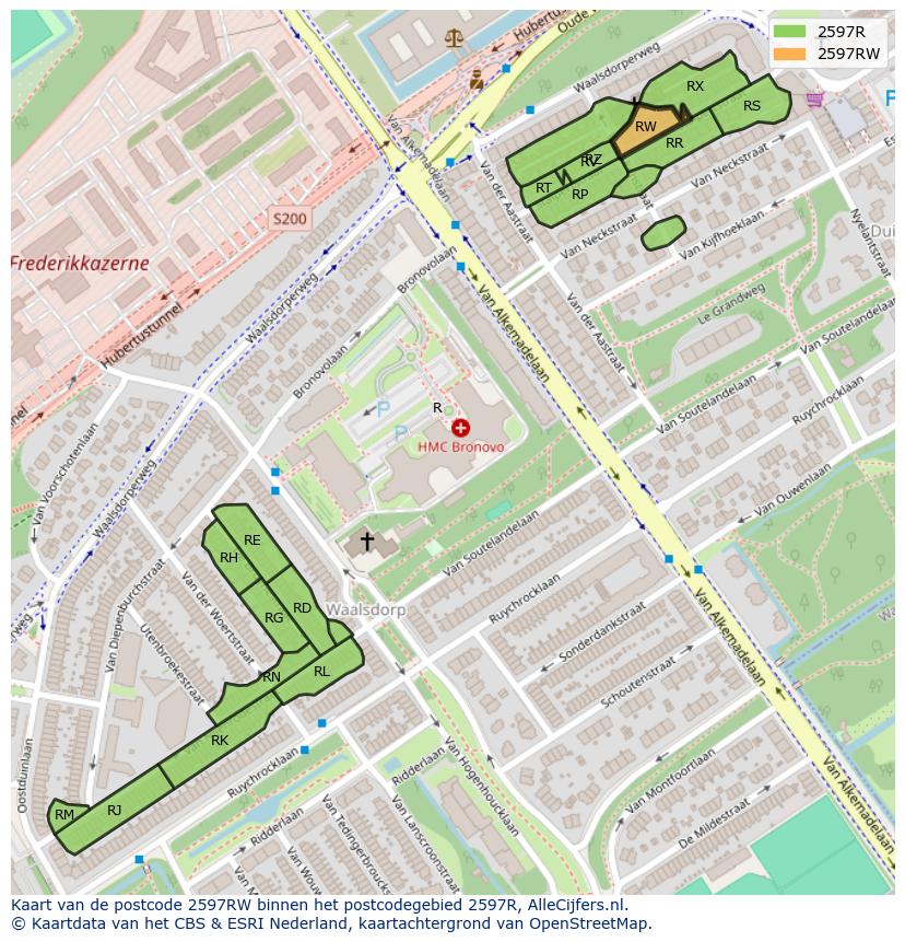 Afbeelding van het postcodegebied 2597 RW op de kaart.