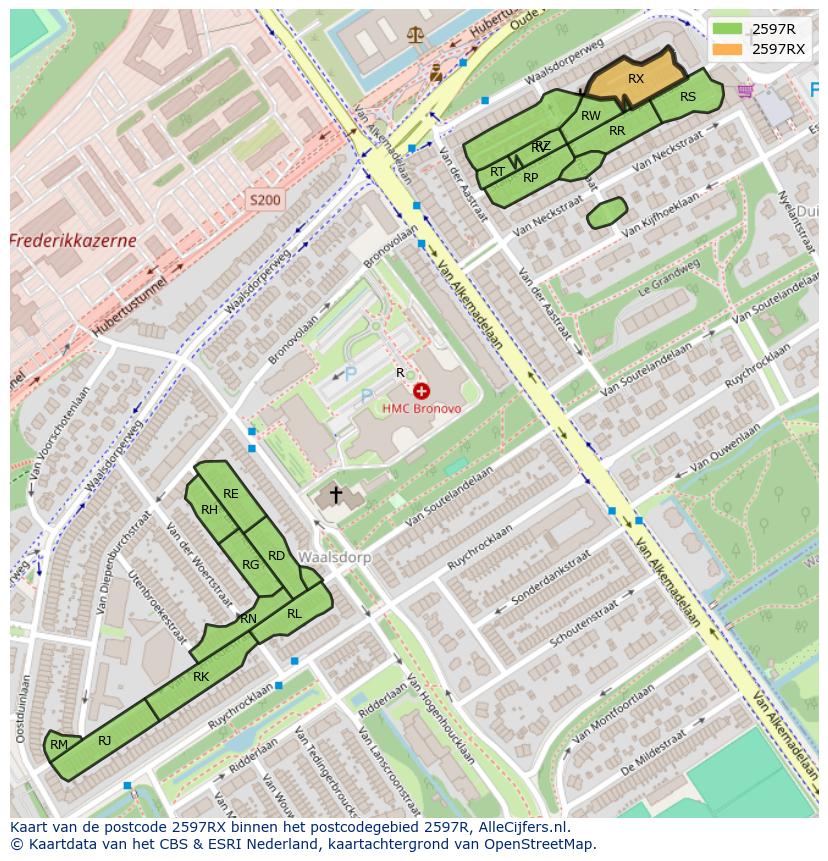 Afbeelding van het postcodegebied 2597 RX op de kaart.