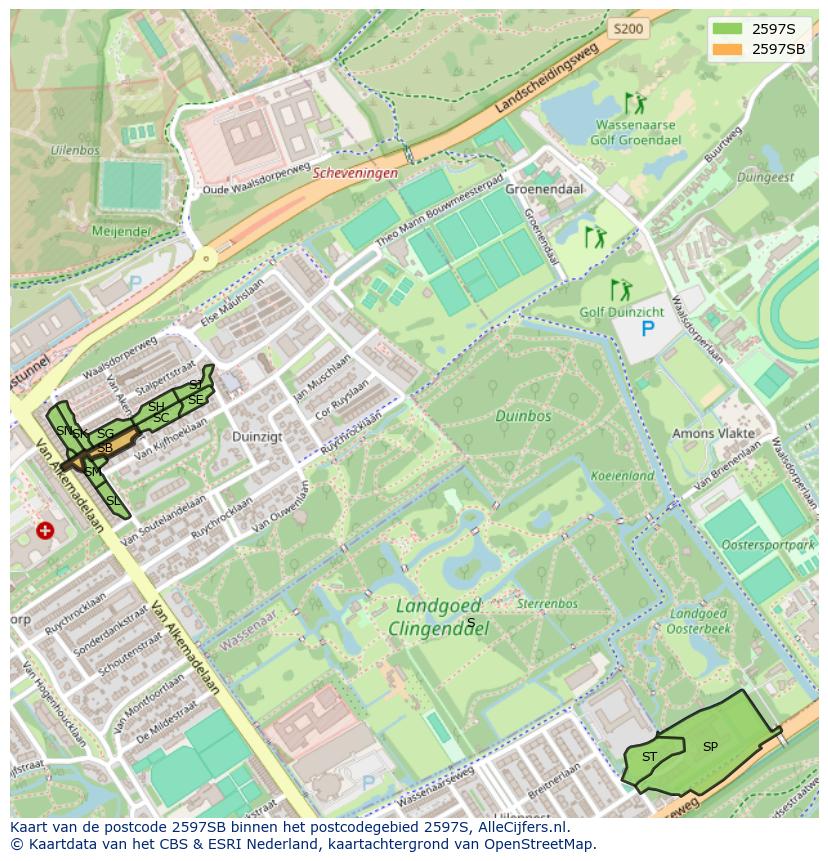 Afbeelding van het postcodegebied 2597 SB op de kaart.