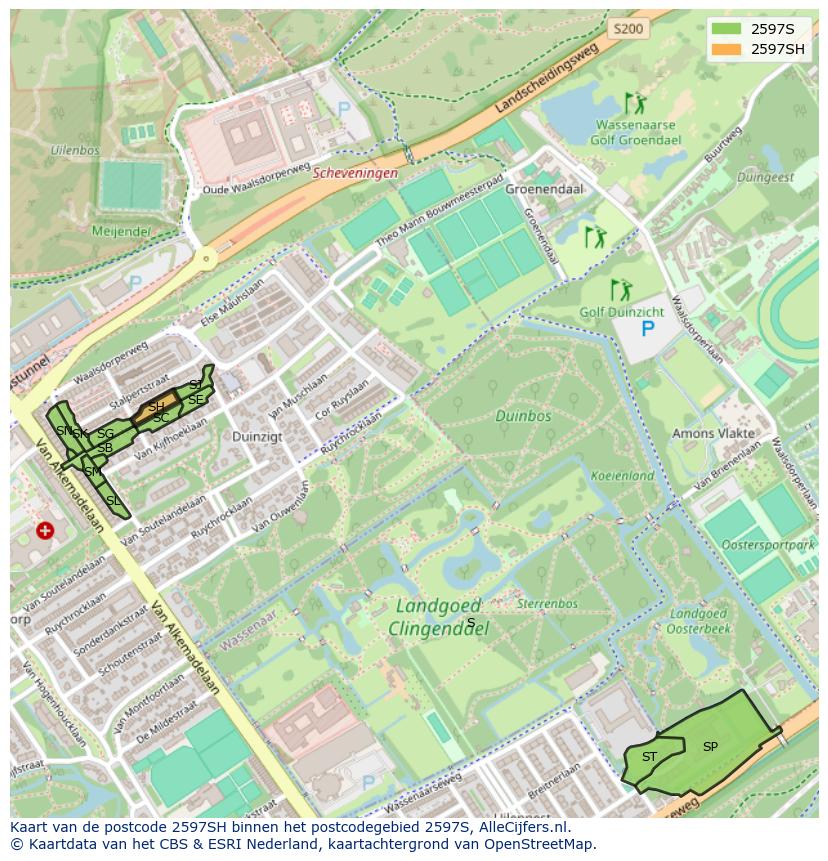 Afbeelding van het postcodegebied 2597 SH op de kaart.