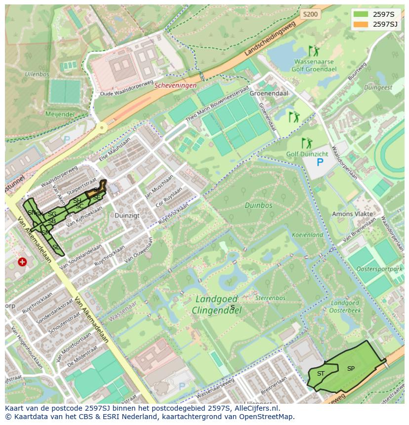 Afbeelding van het postcodegebied 2597 SJ op de kaart.