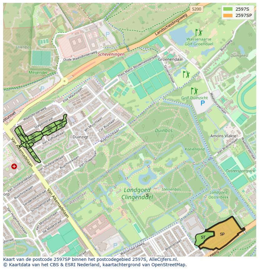 Afbeelding van het postcodegebied 2597 SP op de kaart.