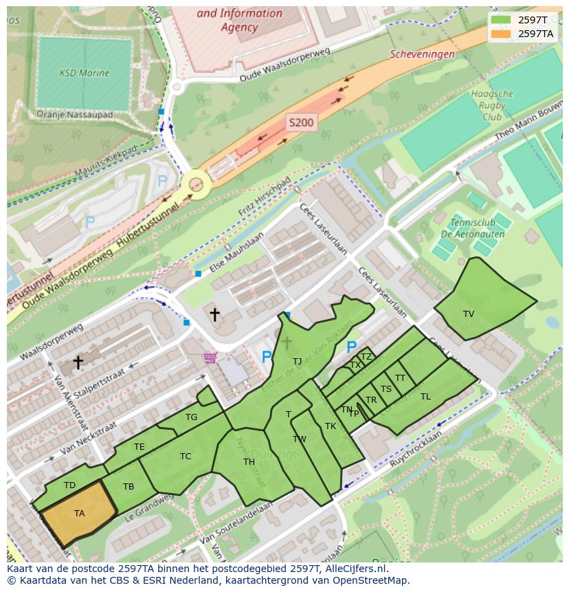 Afbeelding van het postcodegebied 2597 TA op de kaart.