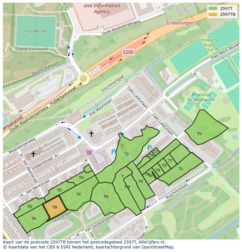 Afbeelding van het postcodegebied 2597 TB op de kaart.