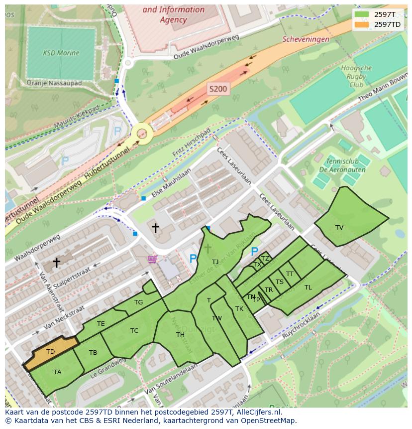 Afbeelding van het postcodegebied 2597 TD op de kaart.