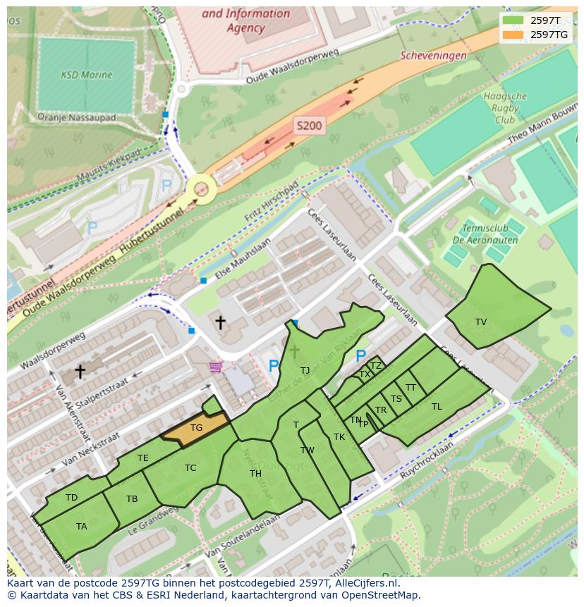 Afbeelding van het postcodegebied 2597 TG op de kaart.