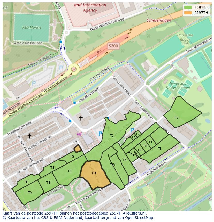 Afbeelding van het postcodegebied 2597 TH op de kaart.