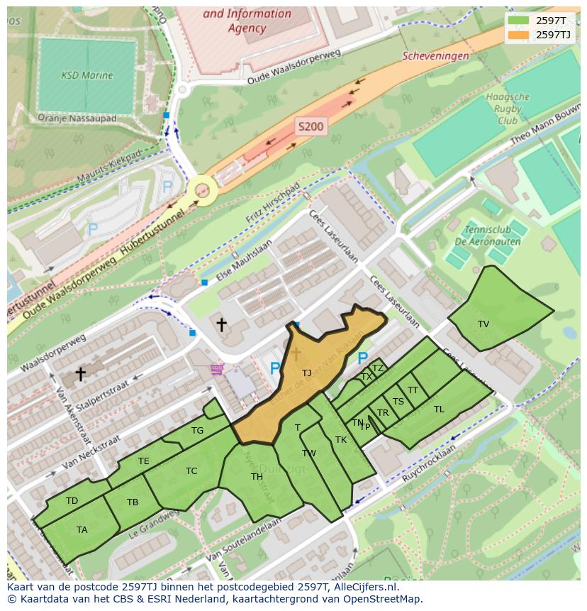 Afbeelding van het postcodegebied 2597 TJ op de kaart.