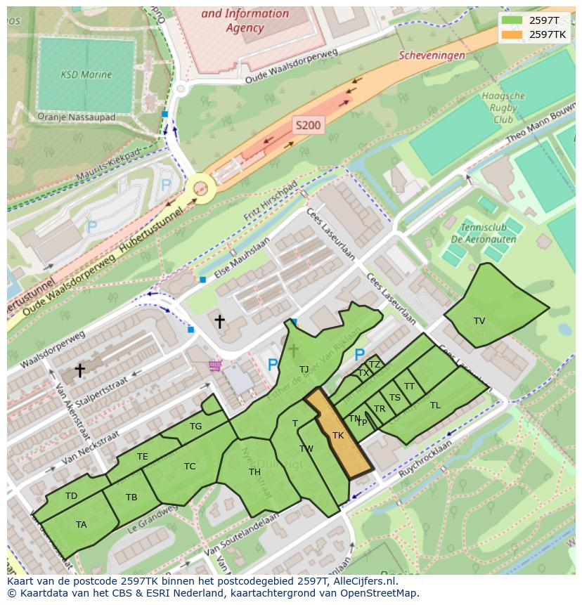 Afbeelding van het postcodegebied 2597 TK op de kaart.