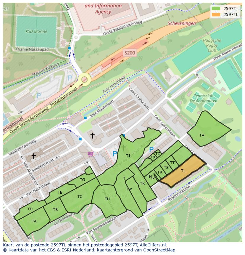 Afbeelding van het postcodegebied 2597 TL op de kaart.