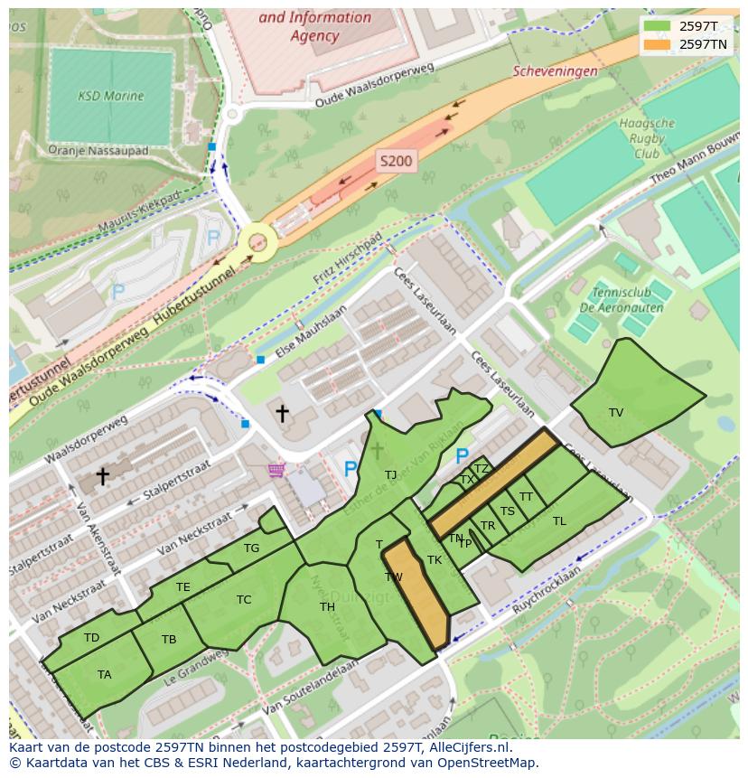 Afbeelding van het postcodegebied 2597 TN op de kaart.