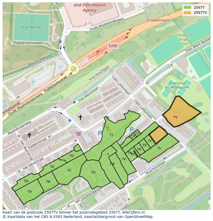 Afbeelding van het postcodegebied 2597 TV op de kaart.