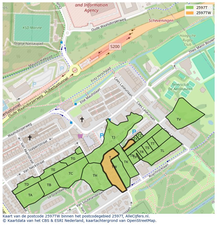 Afbeelding van het postcodegebied 2597 TW op de kaart.