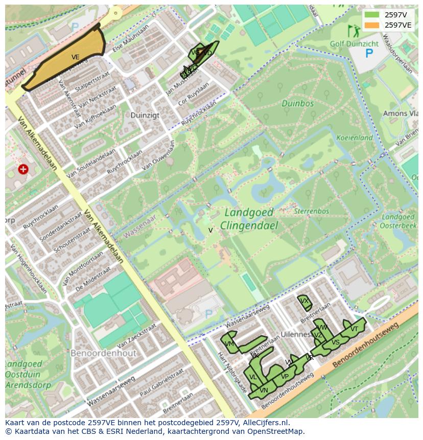 Afbeelding van het postcodegebied 2597 VE op de kaart.