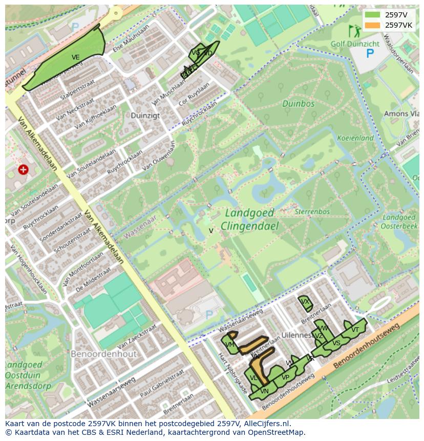 Afbeelding van het postcodegebied 2597 VK op de kaart.