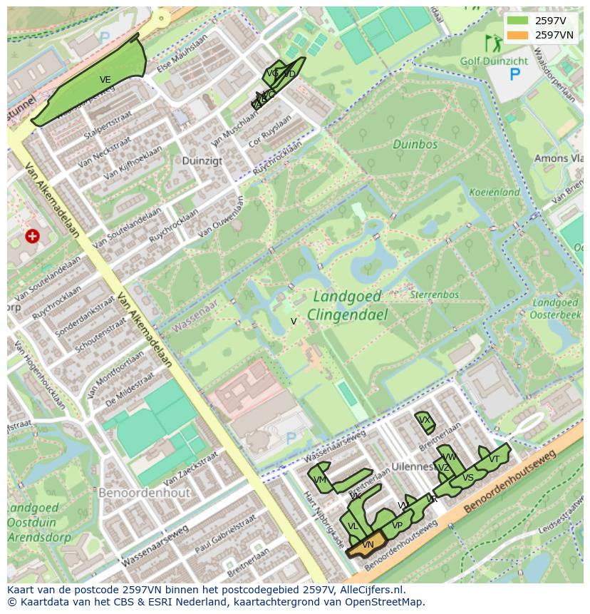 Afbeelding van het postcodegebied 2597 VN op de kaart.