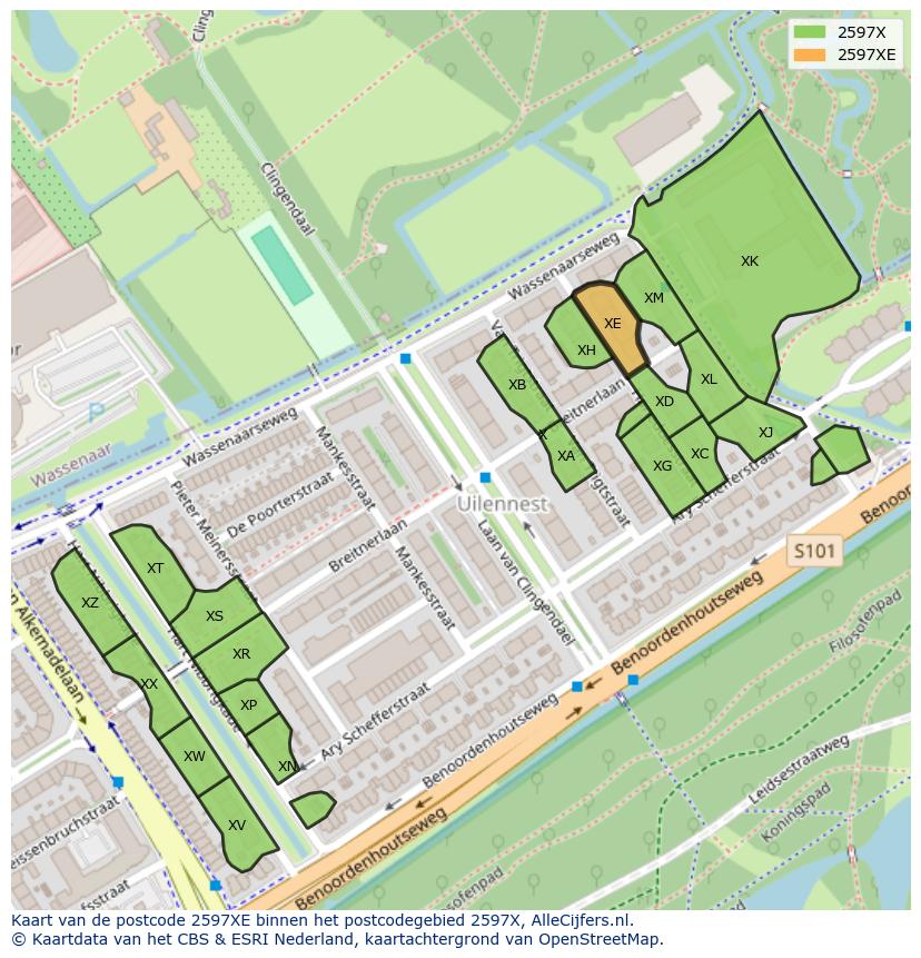 Afbeelding van het postcodegebied 2597 XE op de kaart.