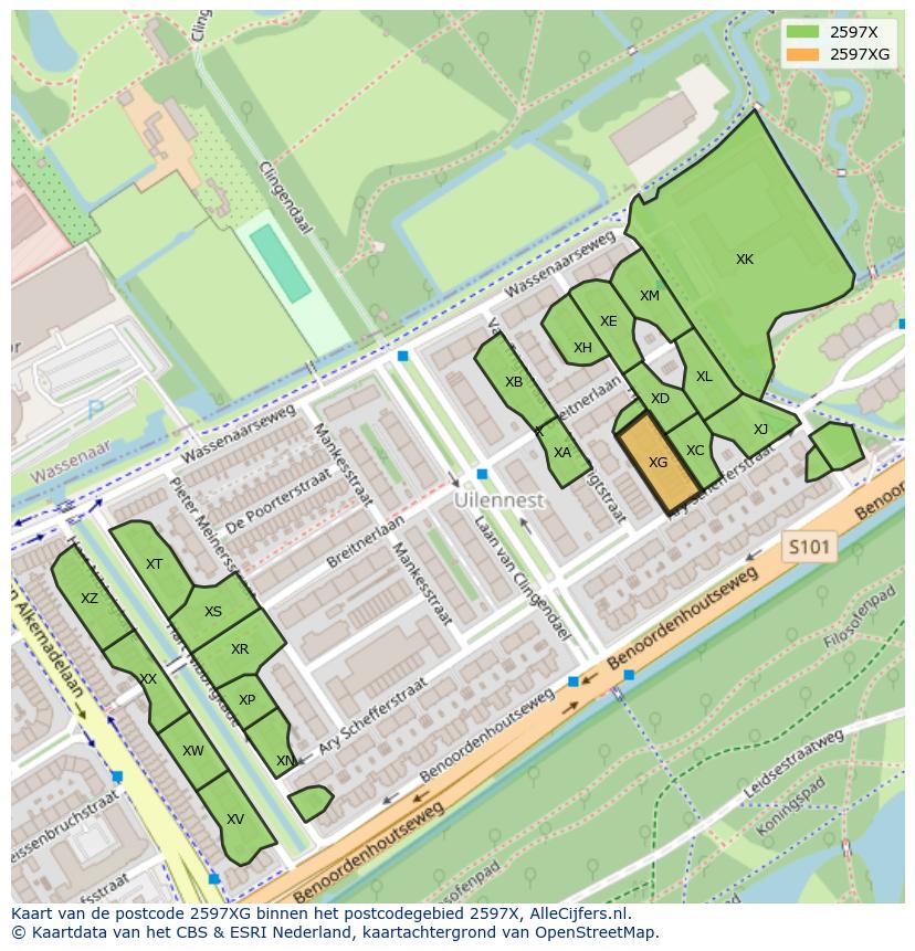 Afbeelding van het postcodegebied 2597 XG op de kaart.