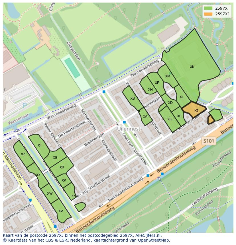 Afbeelding van het postcodegebied 2597 XJ op de kaart.