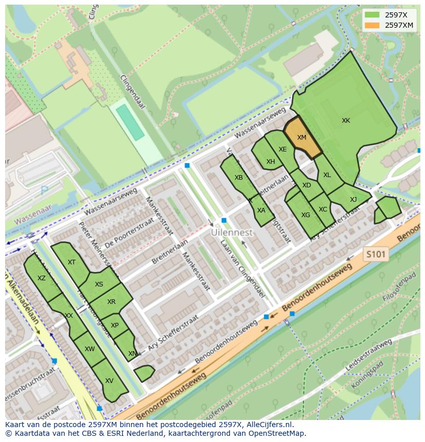 Afbeelding van het postcodegebied 2597 XM op de kaart.