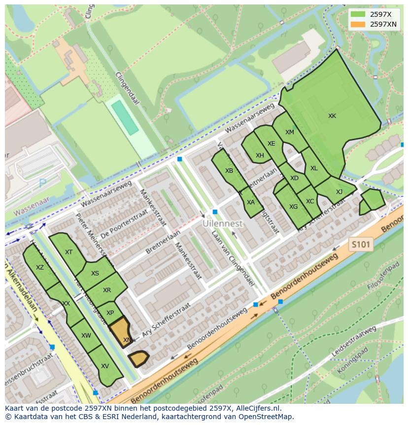 Afbeelding van het postcodegebied 2597 XN op de kaart.