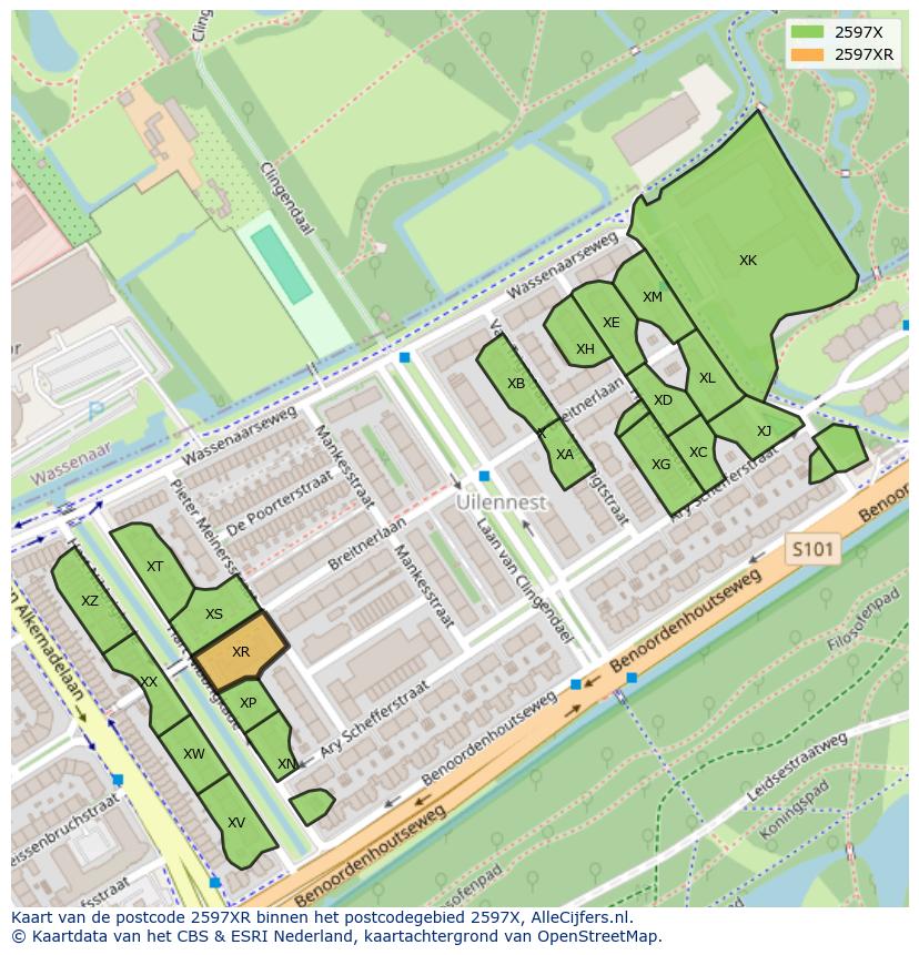 Afbeelding van het postcodegebied 2597 XR op de kaart.