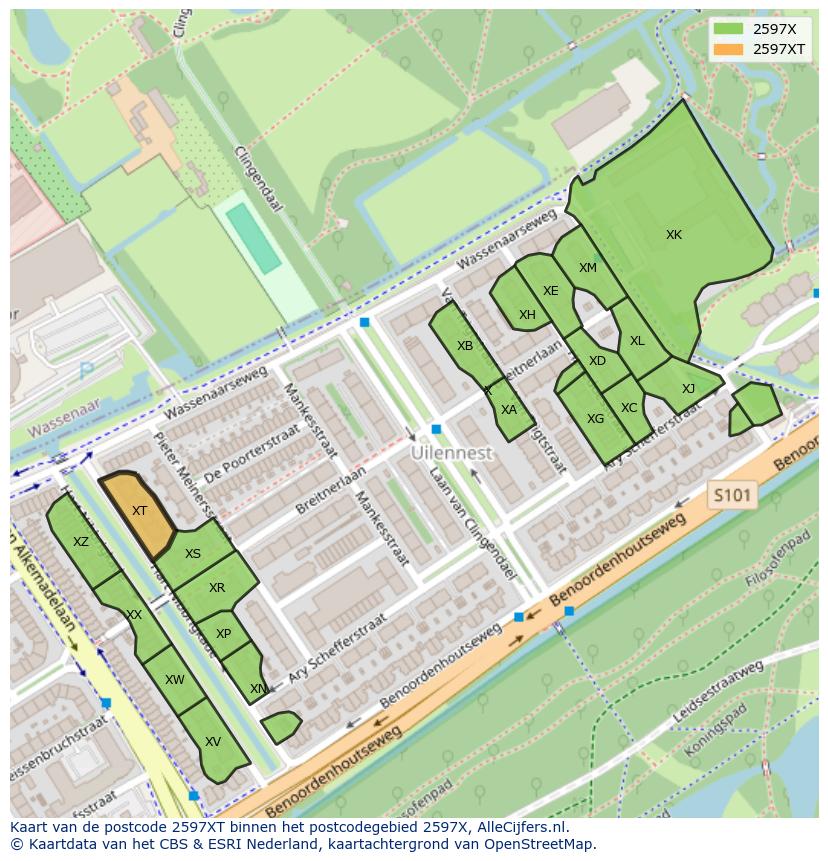 Afbeelding van het postcodegebied 2597 XT op de kaart.