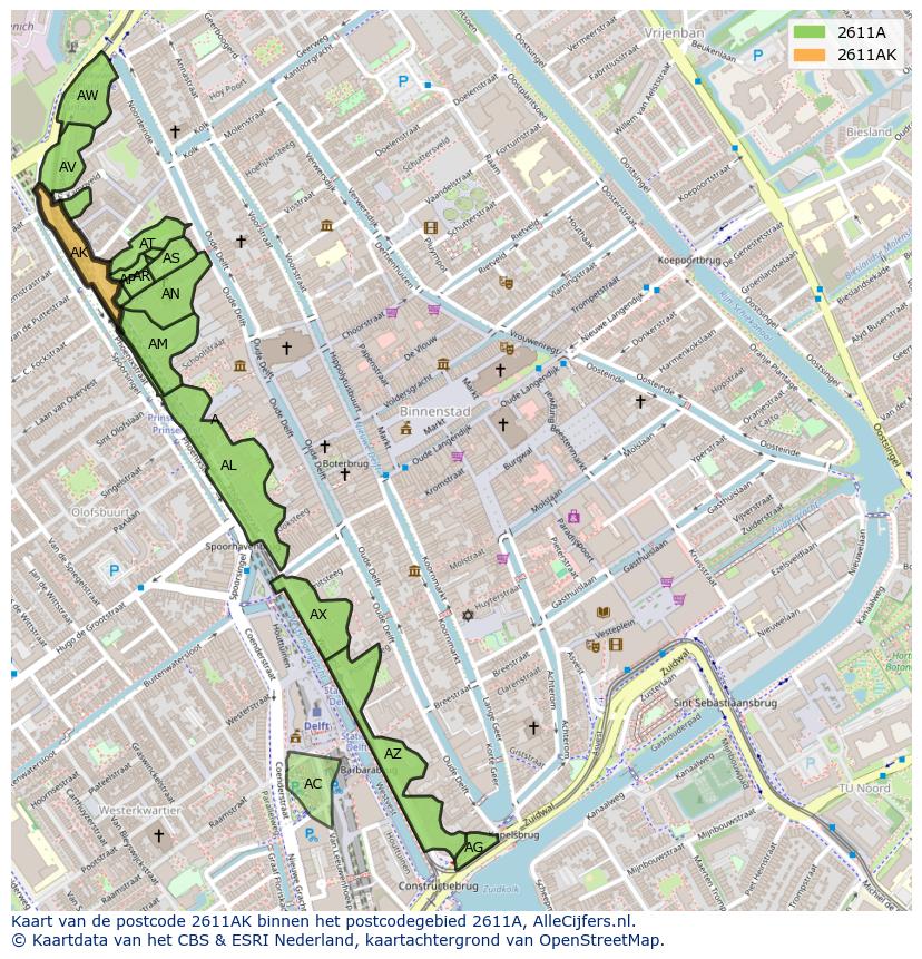 Afbeelding van het postcodegebied 2611 AK op de kaart.