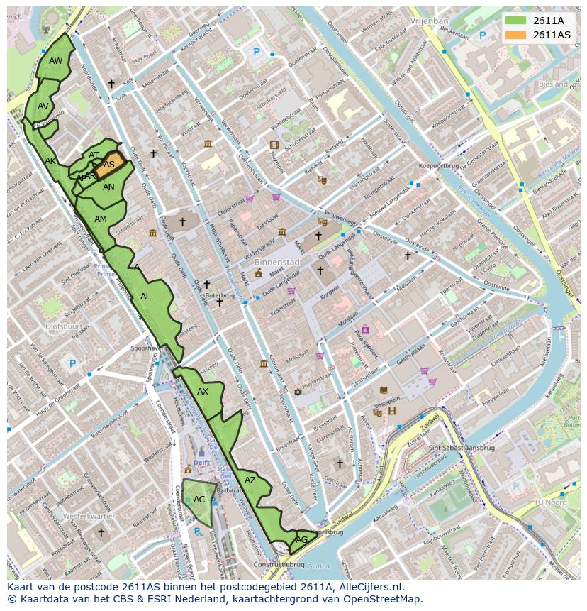 Afbeelding van het postcodegebied 2611 AS op de kaart.