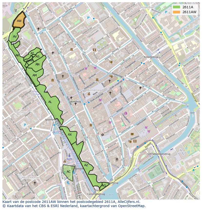 Afbeelding van het postcodegebied 2611 AW op de kaart.