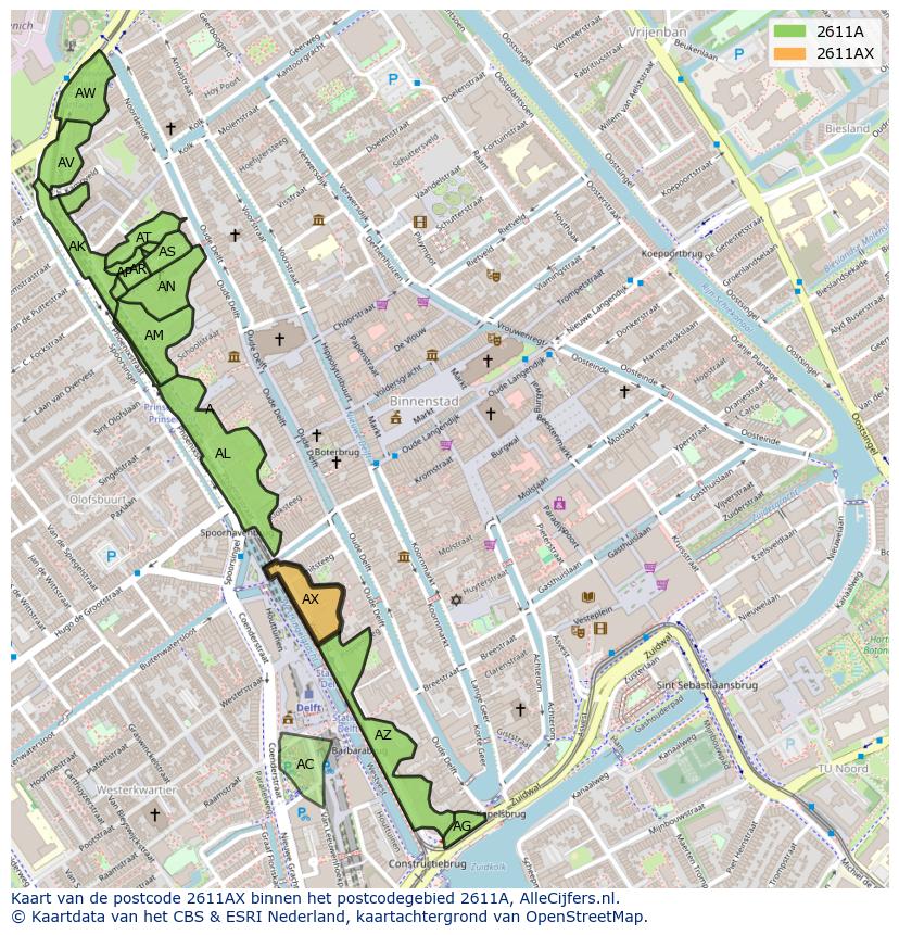 Afbeelding van het postcodegebied 2611 AX op de kaart.