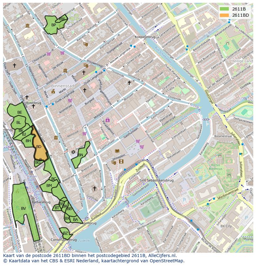 Afbeelding van het postcodegebied 2611 BD op de kaart.