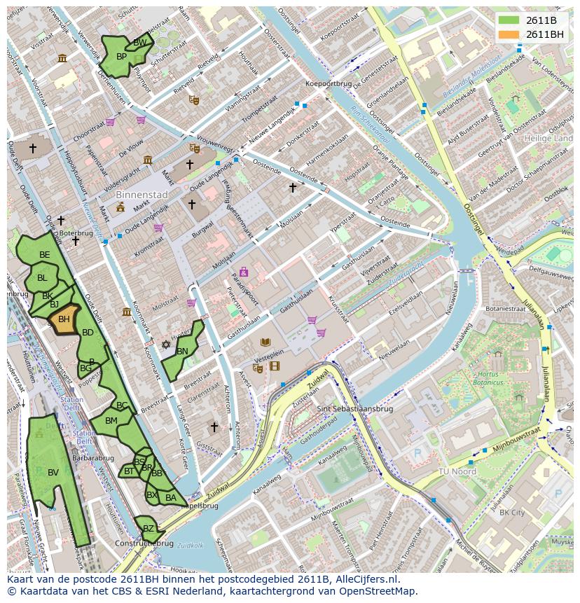 Afbeelding van het postcodegebied 2611 BH op de kaart.