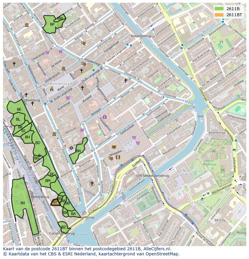 Afbeelding van het postcodegebied 2611 BT op de kaart.
