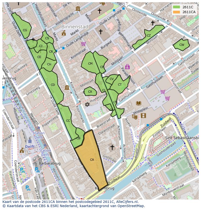 Afbeelding van het postcodegebied 2611 CA op de kaart.