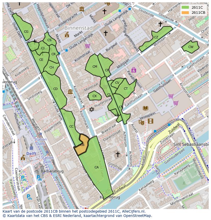 Afbeelding van het postcodegebied 2611 CB op de kaart.