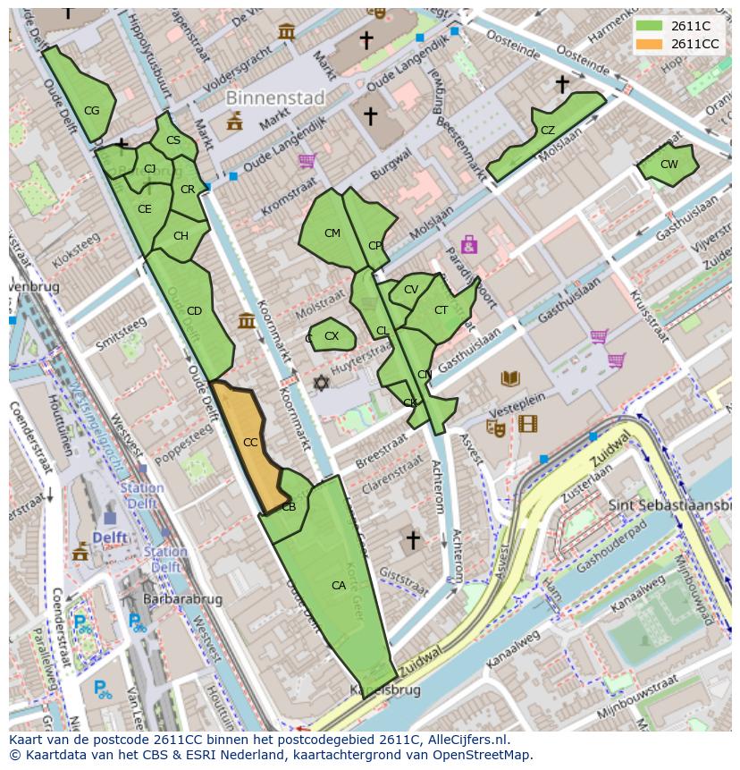 Afbeelding van het postcodegebied 2611 CC op de kaart.