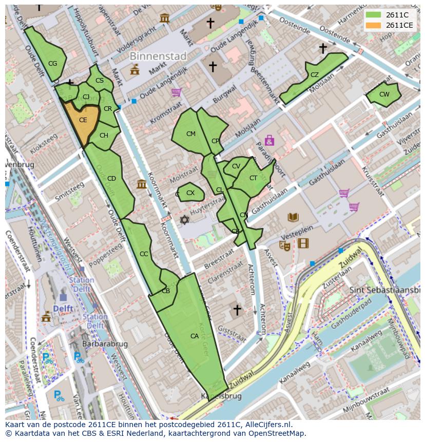 Afbeelding van het postcodegebied 2611 CE op de kaart.